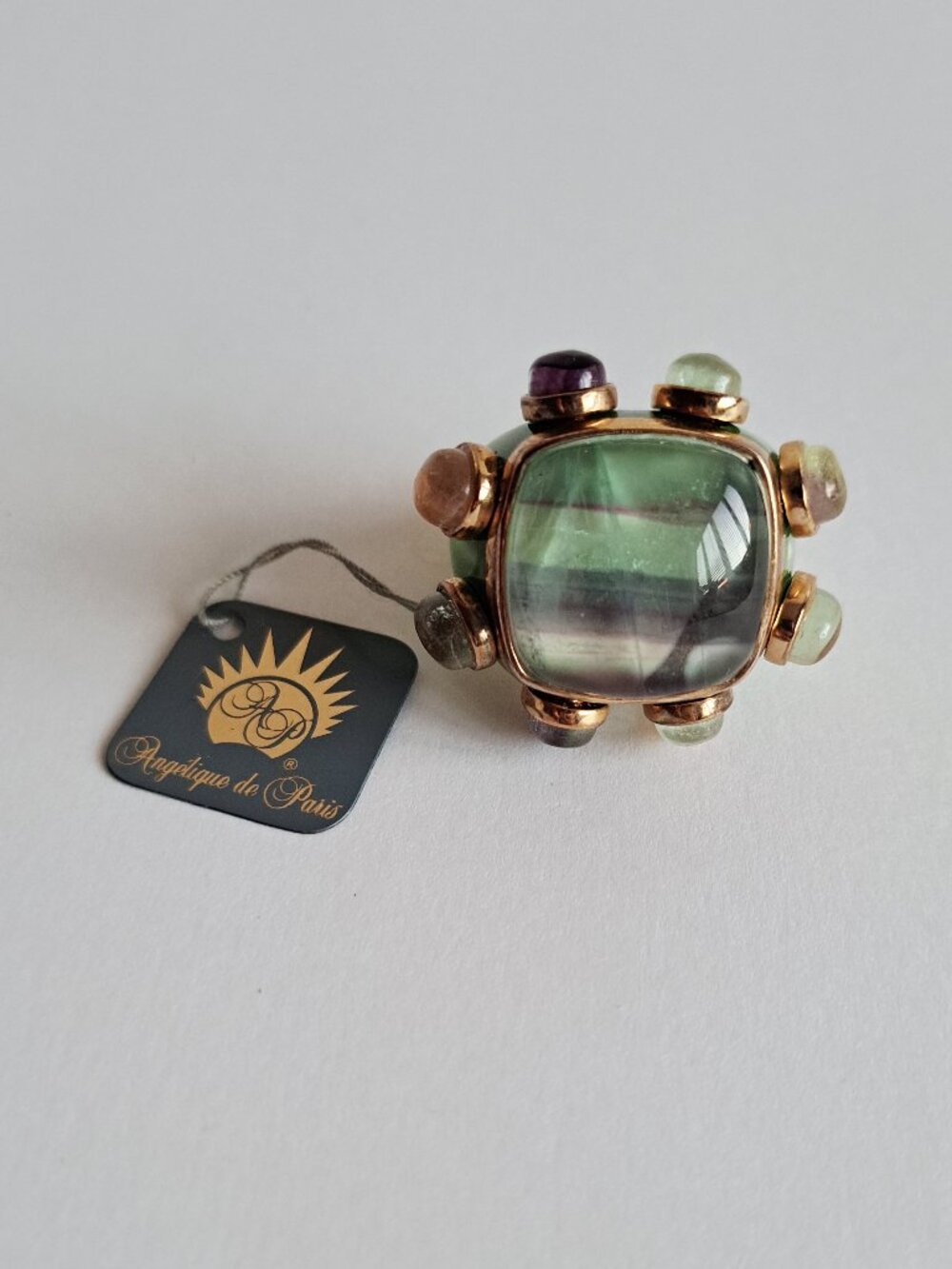 New Angelique de Paris Gold Plated Large Square Green Stones Ring Size 8
